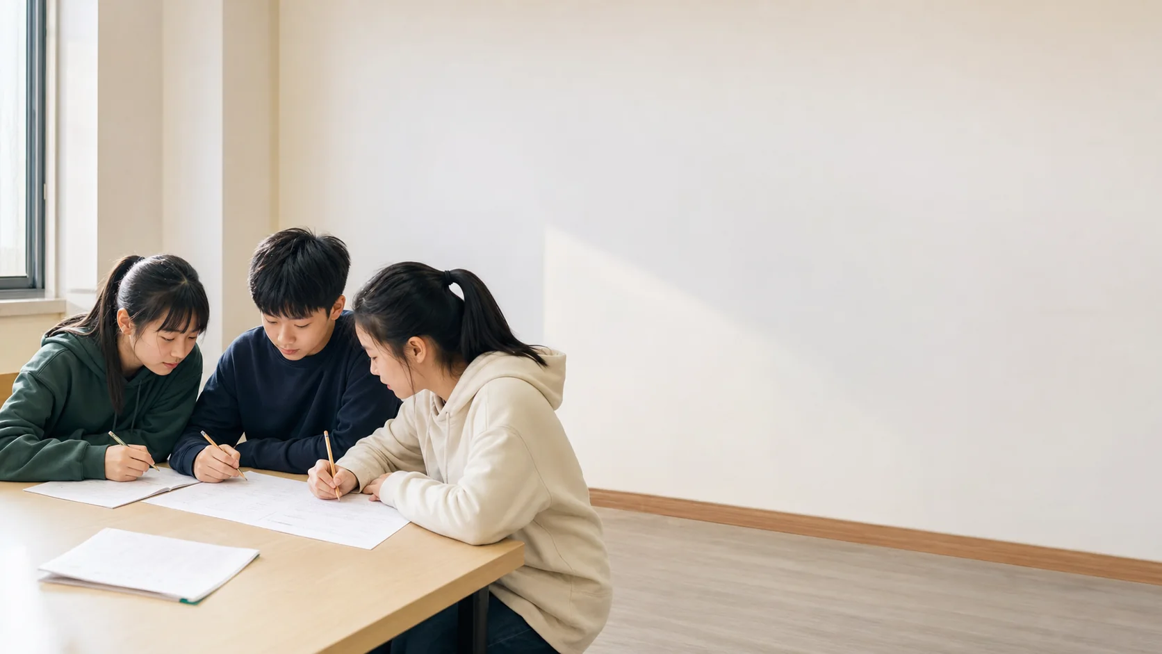 三位學生一起檢視紙本解題步驟