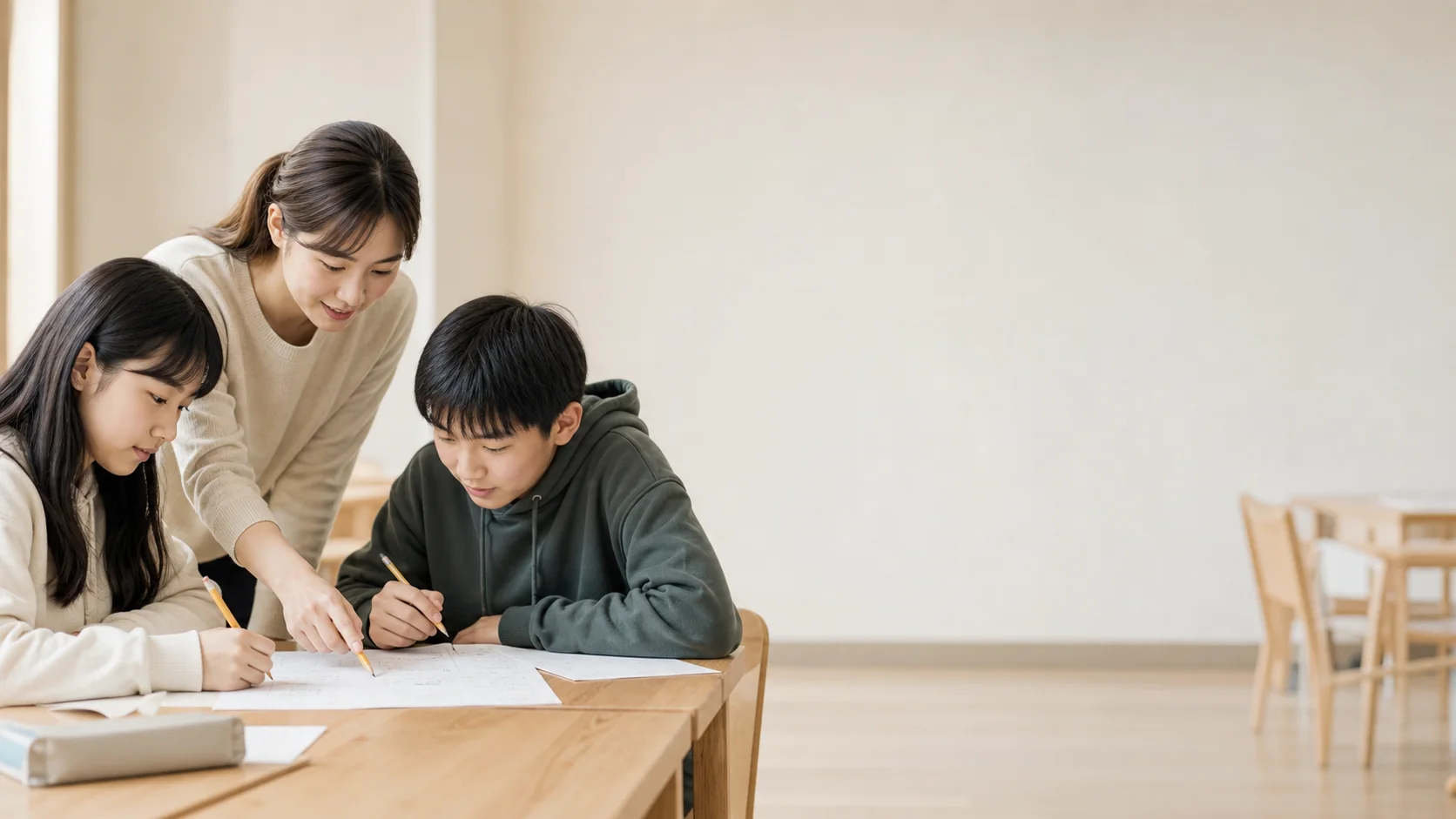 老師在兩位學生身旁,以紙本題目引導思考