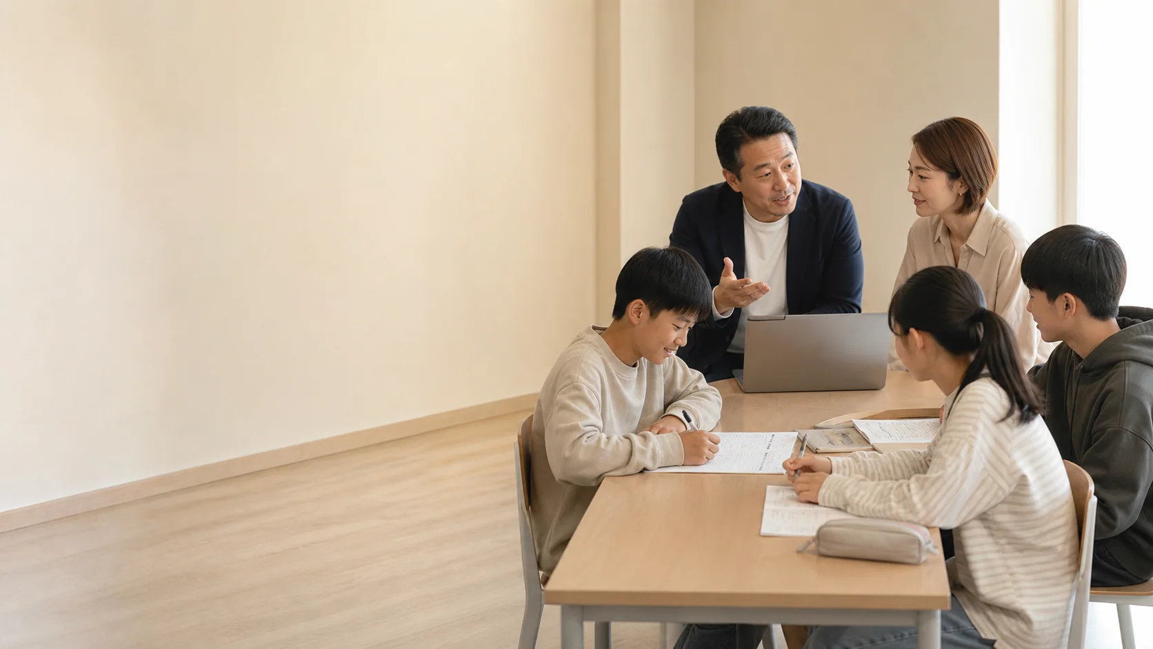 老師陪補習班學生進行紙本題庫練習