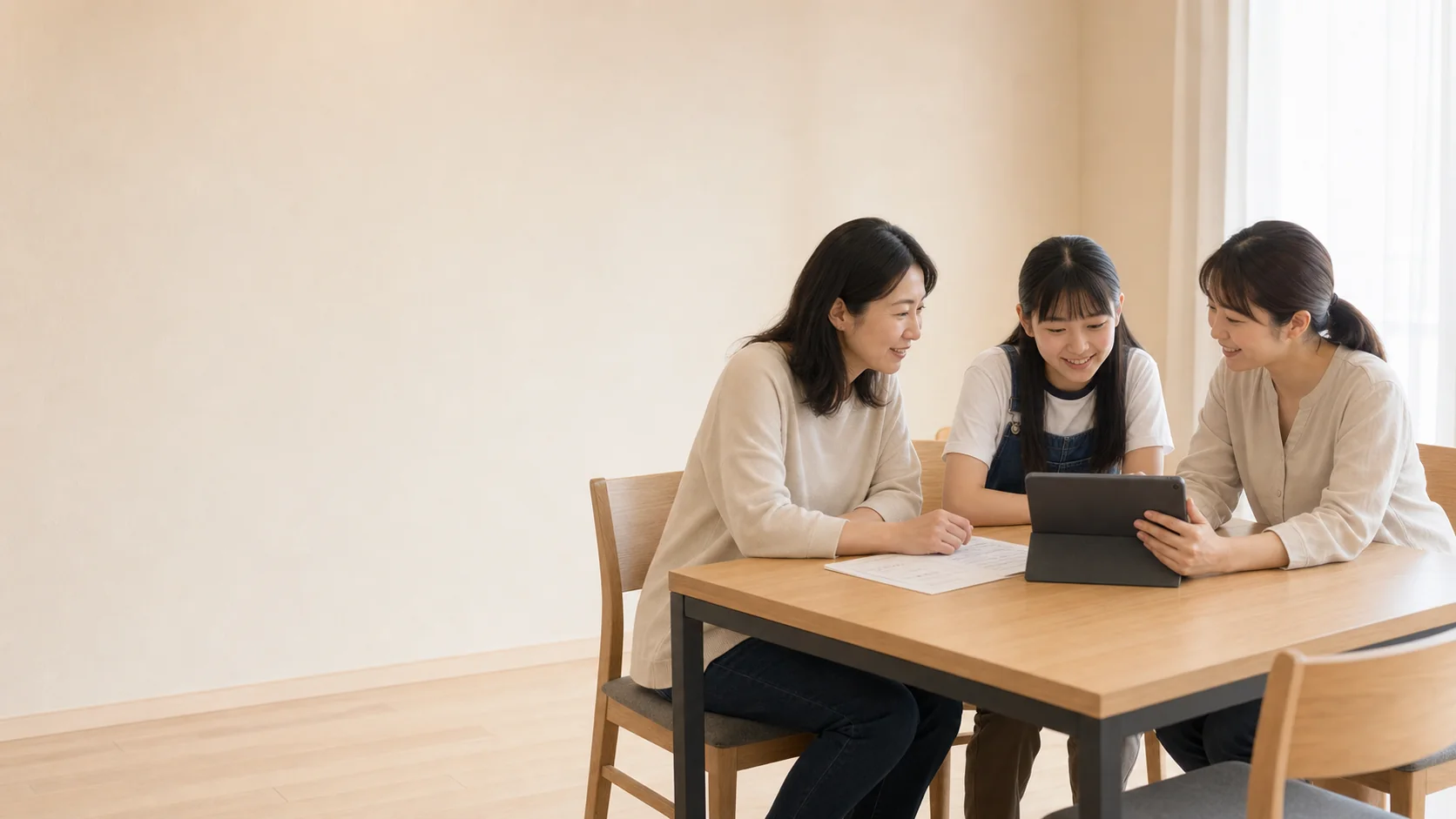補習班老師與家長、學生面對同一台平板溝通學習狀況,鏡頭只看見平板背面