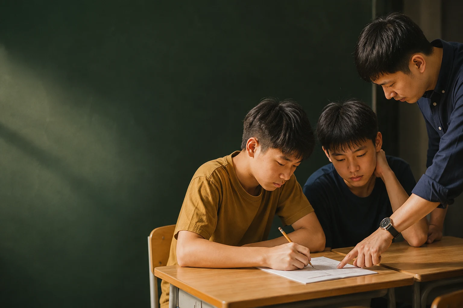 教學情境示意：兩位學生以紙本練習，老師指導題目